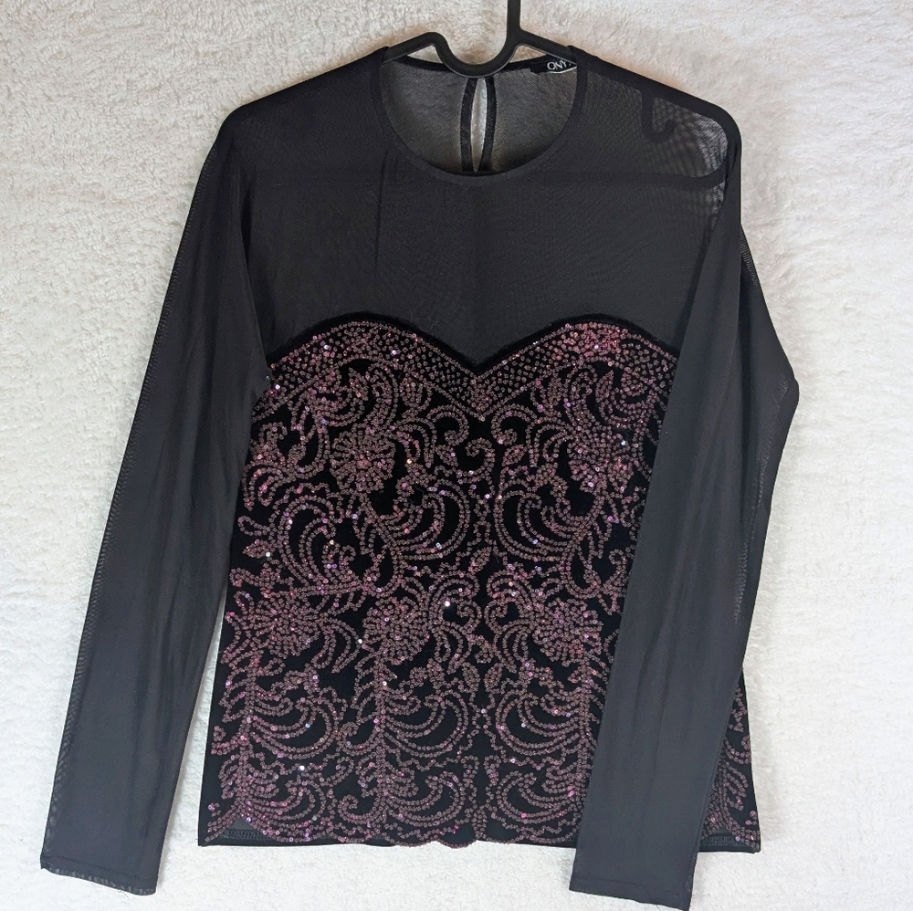 658-Onyx Black and Pink Lace Women's Blouse